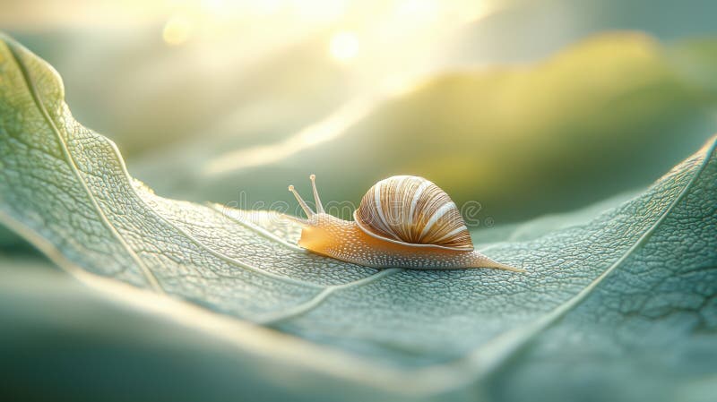 Close up of a snail crawling along the surface light green leaf with its shell gleaming gently under soft lighting that emphasizes vector illustratie