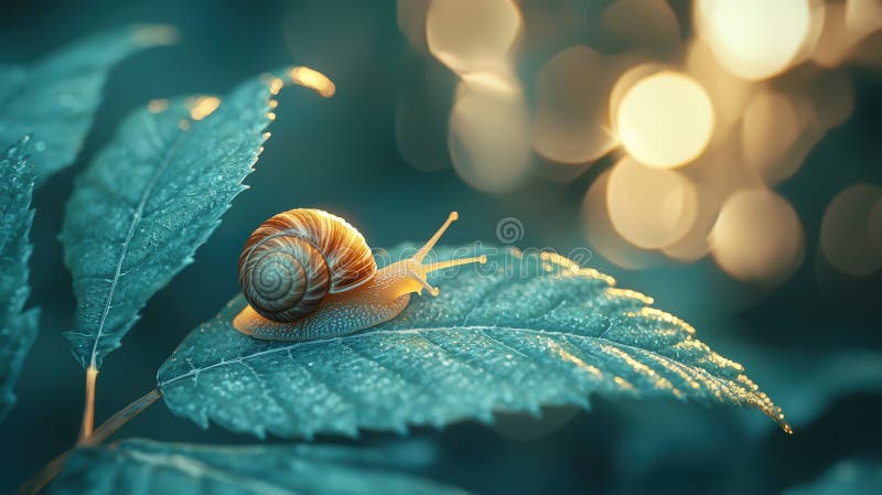 Close up of a snail crawling along the surface light green leaf with its shell gleaming gently under soft lighting that emphasizes royalty-vrije illustratie