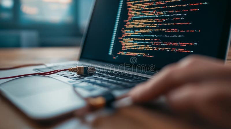 Close-up of a software developer troubleshooting code on a laptop with a damaged ethernet port and disconnected cables royalty free stock photography