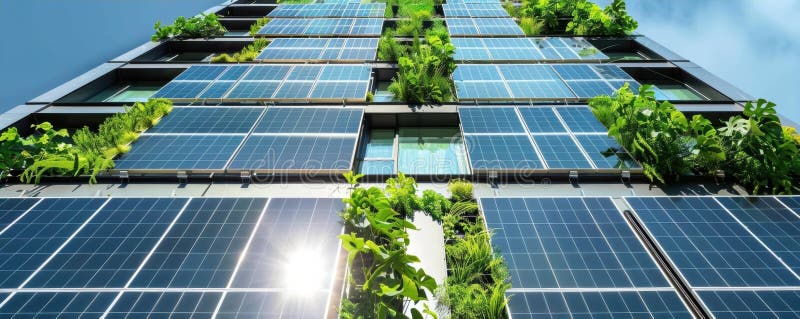 A close-up of a solar panel installation on an urban building, emphasizing eco-friendly design and sustainability through vector illustration