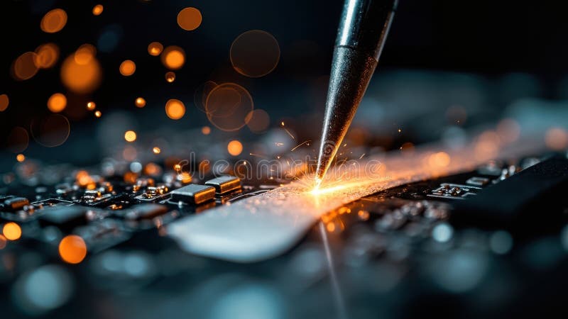Close-up of a soldering iron working on a circuit board creating sparks with electronic components visible vector illustration