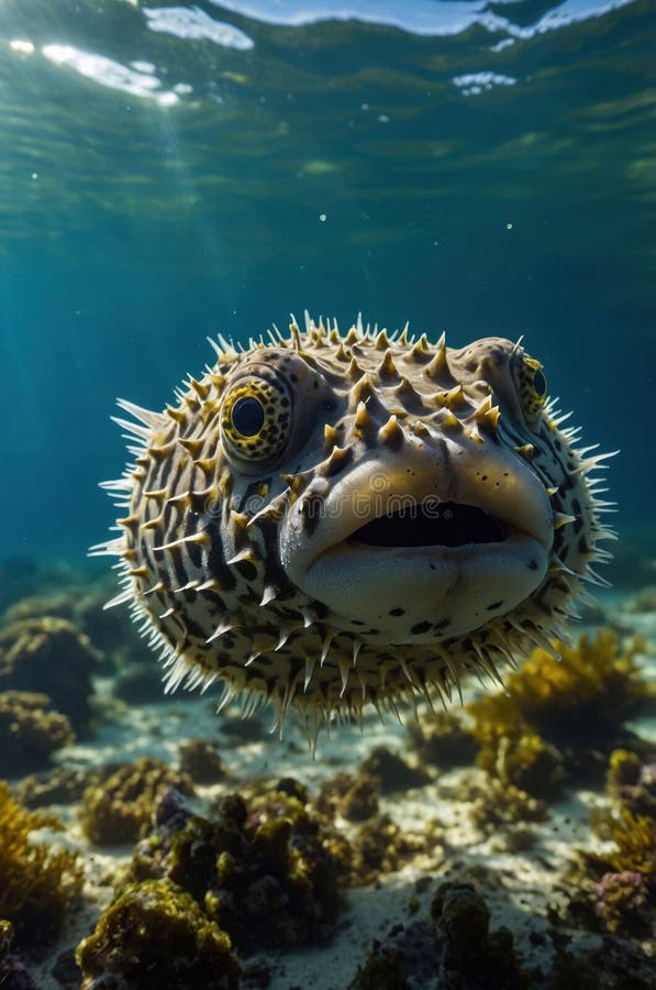 Close-up Underwater Portrait of a Spiny Pufferfish in Vibrant Coral Reef royalty free illustration