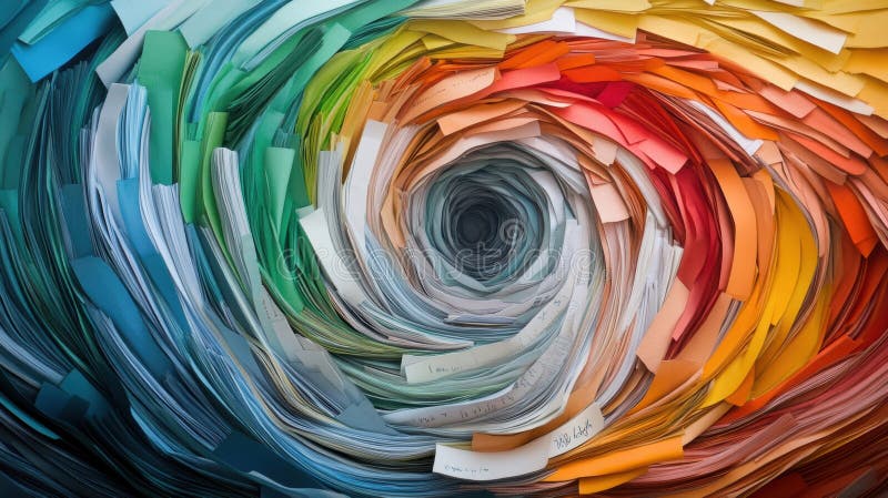 A close up of a spiral made out of many different colored papers, AI royalty free stock images