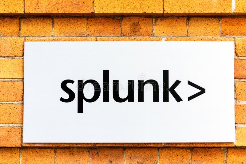 Close up. Splunk sign at headquarters SoMa district. Splunk Inc produces software for searching, monitoring, and analyzing machine stock image