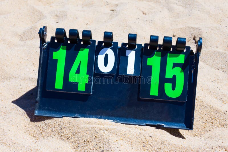 Close up of sport volleyball scoreboard on the summer sand. Score - 14-15 stock photos Close up of sport volleyball scoreboard on the summer sand. Score - 14-15 stock photos