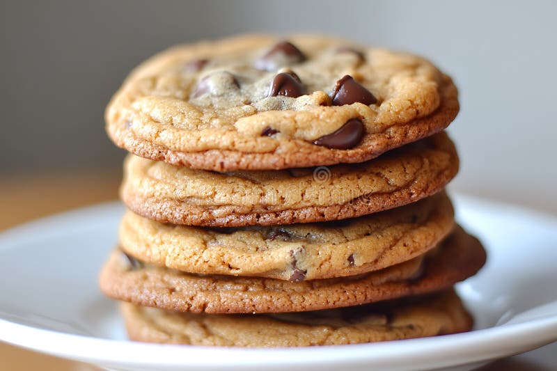 Close-up of a stack of delicious chocolate chip cookies on a white plate vector illustration