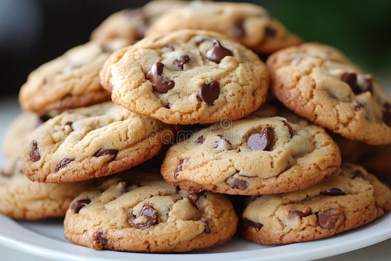 Close-up of a stack of delicious chocolate chip cookies on a white plate stock illustration