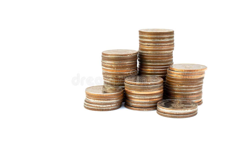 Stack or pile old silver coins isolated on white background.