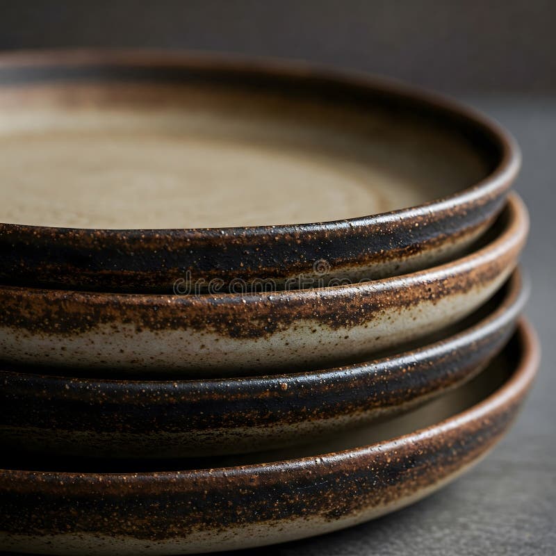 A close-up of stacked rustic plates with a textured, earthy glaze stock illustration