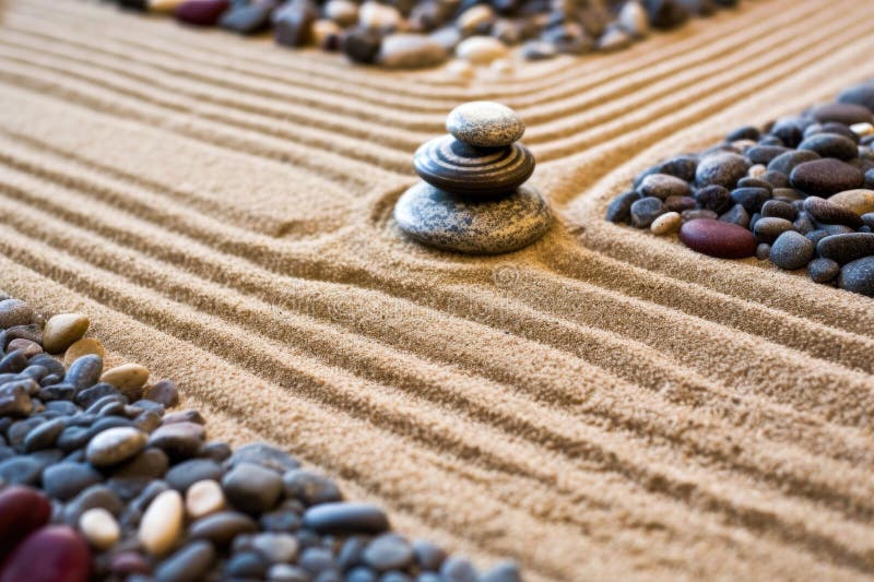 Closeup of Stacked Zen Garden Stones with Raked Sand Patterns Stock
