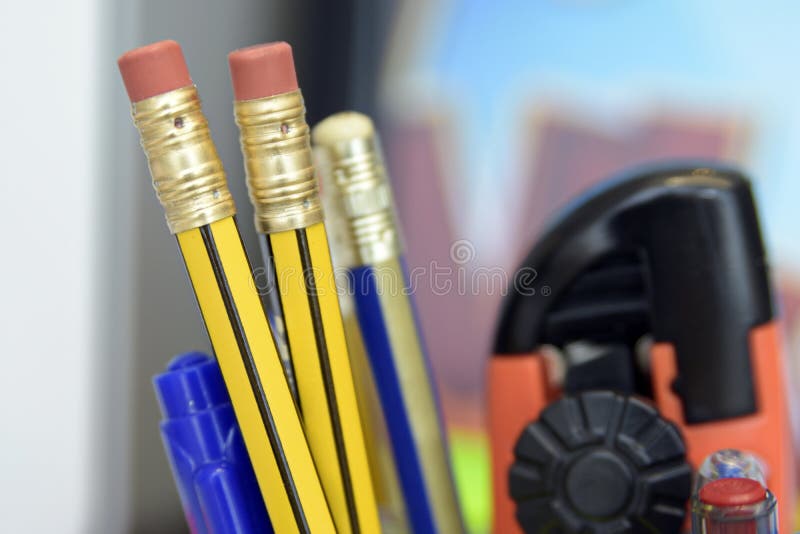 Close Up Stationary in the Office, Pen and Pencil Stock Image Image