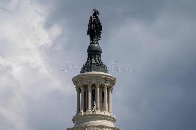 Washington, DC - August 9, 2019: Close up of the Statue of Freedom on top of the US Capitol Buliding. Close up of the Statue of Freedom on top of the US Capitol royalty free stock photography Washington, DC - August 9, 2019: Close up of the Statue of Freedom on top of the US Capitol Buliding. Close up of the Statue of Freedom on top of the US Capitol royalty free stock photography
