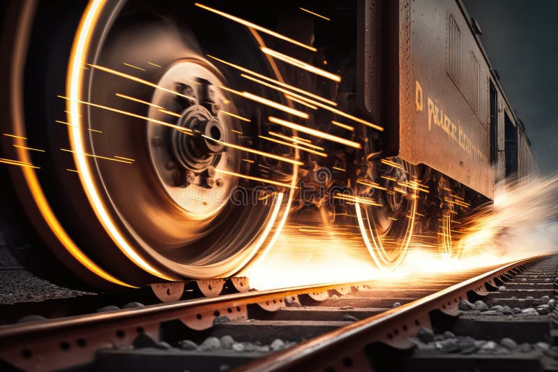 Closeup of Steel Rail, with Sparks Flying from the Wheels of a Passing