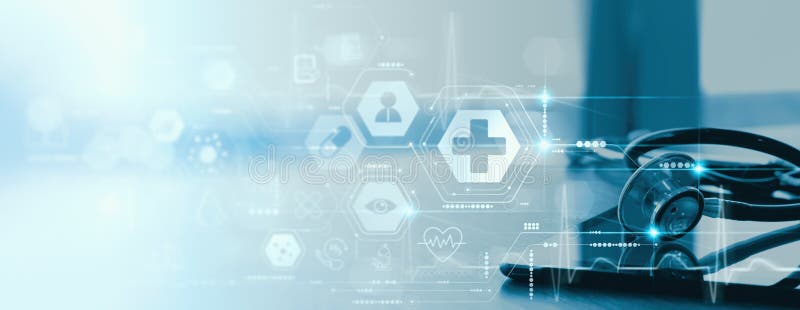 Close up of a stethoscope and digital tablet with virtual electronic medical record of patient on interface. Digital healthcare and network on modern virtual screen, DNA medical technology and futuristic concept. Futuristic virtual screen interface technology stock images, royalty-free photos and pictures