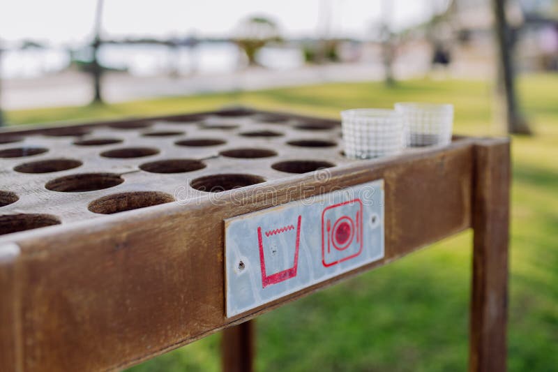 Closeup of Storage Table for Empty Glasses on the Beach. Stock Image