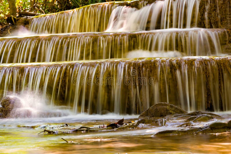 Close up stream waterfall multiple layers stock photo