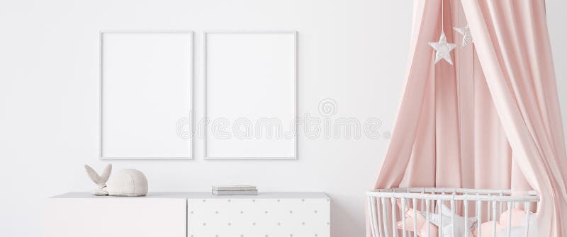Close up for stylish Scandinavian kid room with mock up frame, panoramic view stock illustration