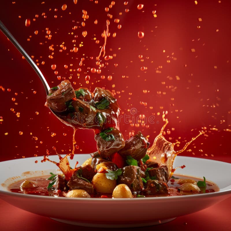 O lovitură dinamică a unei linguri care ridică tocană delicioasă de vită dintr-un bol cu sos stropit pe fond roșu aprins stock image