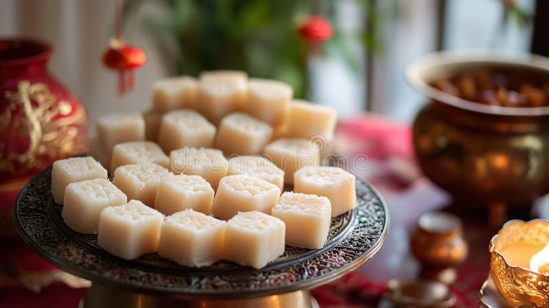 Close up of sweet white hexagonal pastries on an ornate plate ilustração do vetor