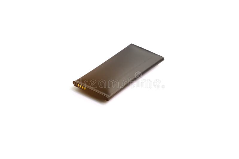 Close up swollen lithium-ion battery smartphone isolated on white background. Deteriorated battery ready to burn or explode. The s royalty free stock image
