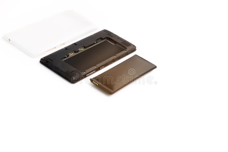 Close up swollen lithium-ion battery smartphone isolated on white background. Deteriorated battery ready to burn or explode. The s stock images