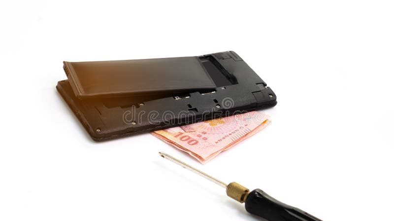 Close up swollen lithium-ion battery smartphone isolated on white background. Deteriorated battery ready to burn or explode. The s royalty free stock photography