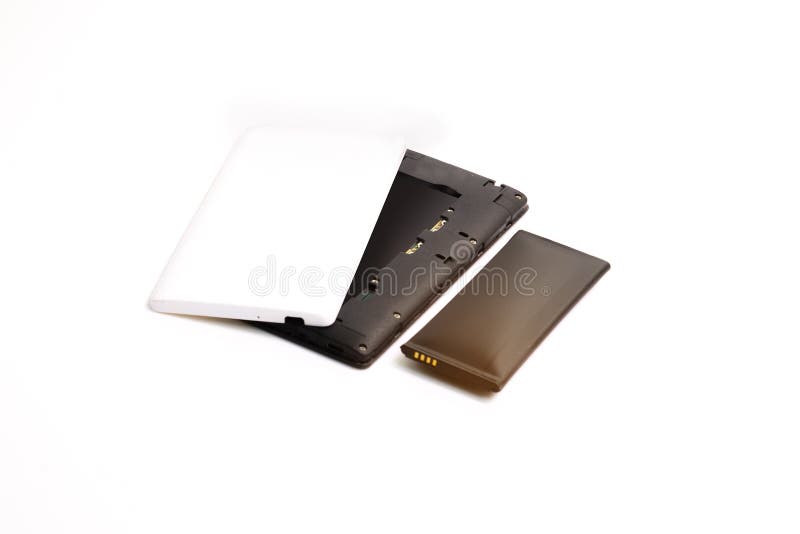Close up swollen lithium-ion battery smartphone isolated on white background. Deteriorated battery ready to burn or explode. The s stock photo