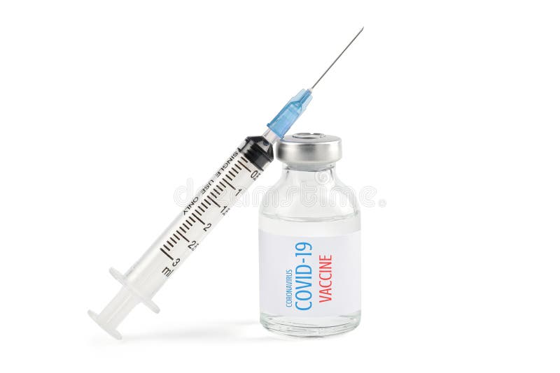 Close up syringe and Covid-19 coronavirus vaccine or vaccine vial on white background isolated with clipping path and full depth