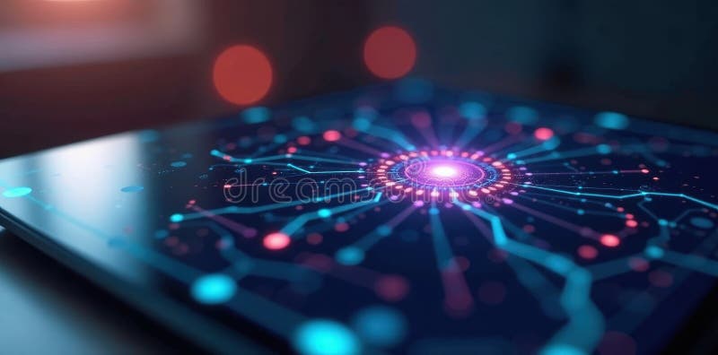 Close up of tablet showing intricate digital network, medical context implied , medical network, exam royalty free illustration