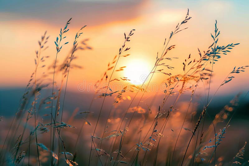 Close up of tall grass in the foreground sunset background blurred shot illustration this is generated with use an ai stock illustratie
