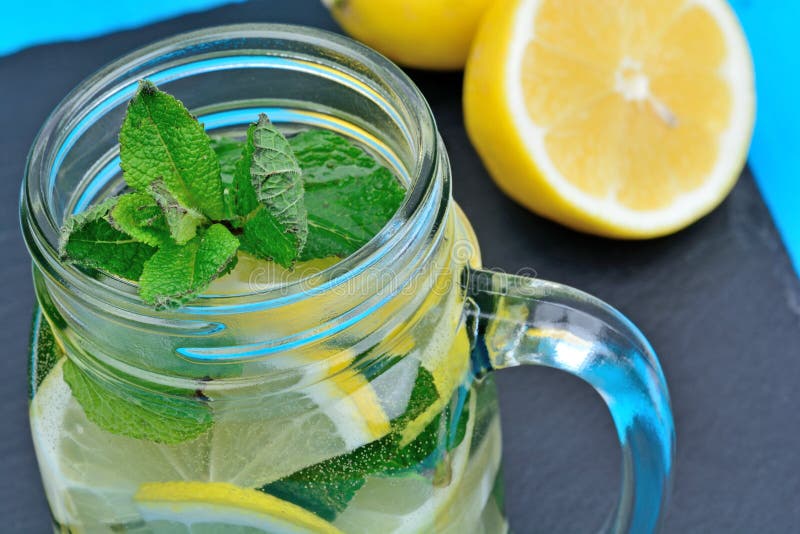 Tasty Beverage with Lemon and Mint on Slate Stock Image Image of