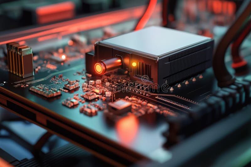 Close-up tech device. Generative AI electronic equipment. Modern tech piece. High-tech design. Innovative circuit board. Red stock illustration