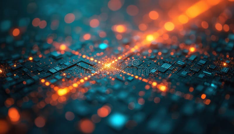 Close-up of tech motherboard with vibrant orange, blue bokeh lights. Complex electronic micro scheme, digital computer components stock illustration