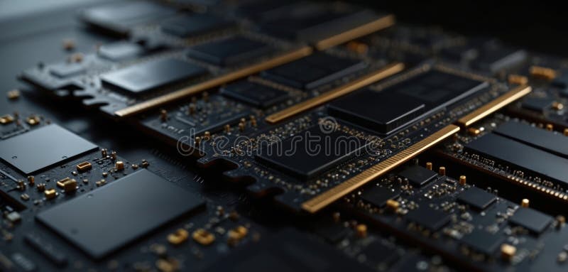 Close-up tech photo of new DDR4 RAM modules, black table background. Computer electronics, circuit, speed, storage, data access stock illustration