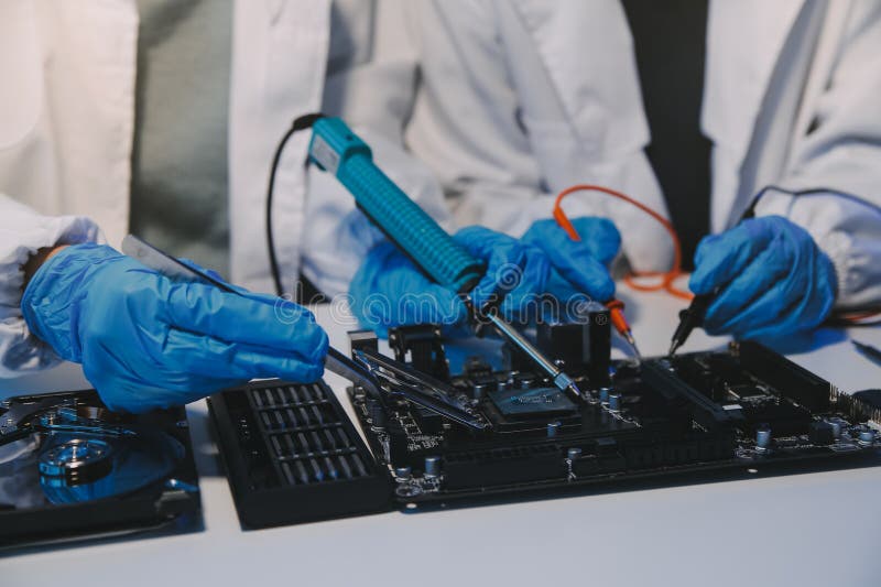 Close up of Technician measuring voltage electronic circuit board television, Service after sale fix electric equipment within insurance. Voltage lab stock images, royalty-free photos and pictures
