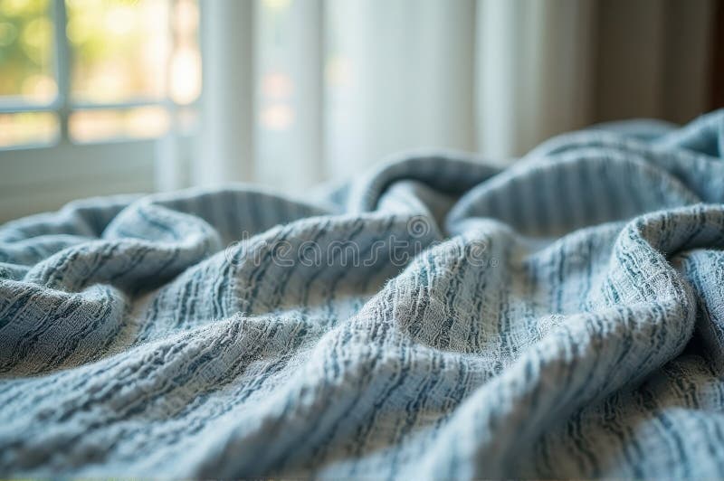Close-up of textured blue fabric drape with natural window light stock illustration