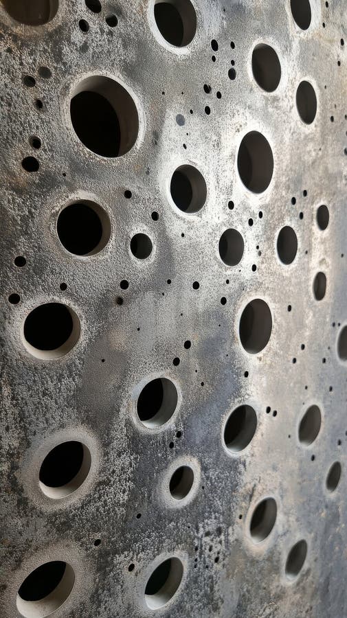 Close up of textured metallic surface with numerous holes and rivets in an industrial setting. Detailed view of a metallic surface featuring multiple holes and rivets, showcasing wear and weathering in an industrial environment during daylight. AI generated