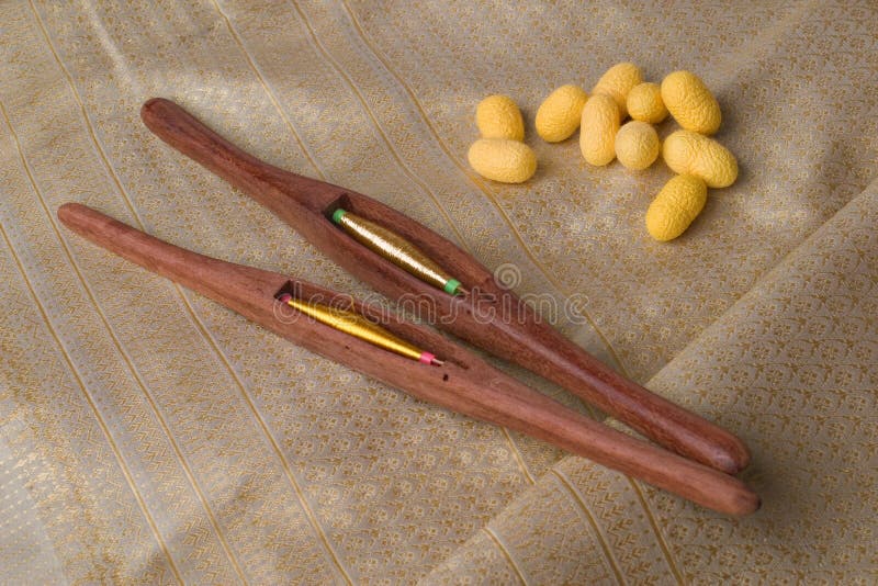 Thai silk pattern, design, texture, thread, cocoon, tool and equipment. stock photography