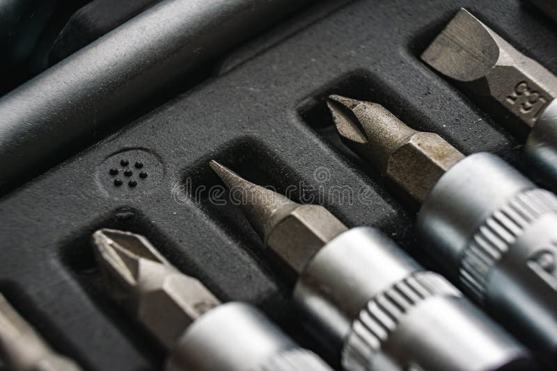 Close Up of Tools Set in Case technical background stock images