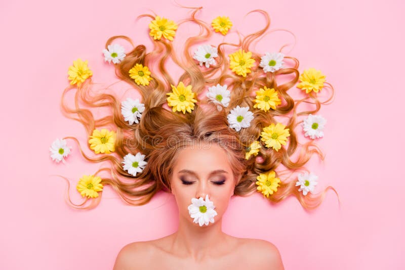 Close up top above high angle view photo beautiful she her lady hide mouth lips not speak tell talk lying down flowers stock image Close up top above high angle view photo beautiful she her lady hide mouth lips not speak tell talk lying down flowers stock image