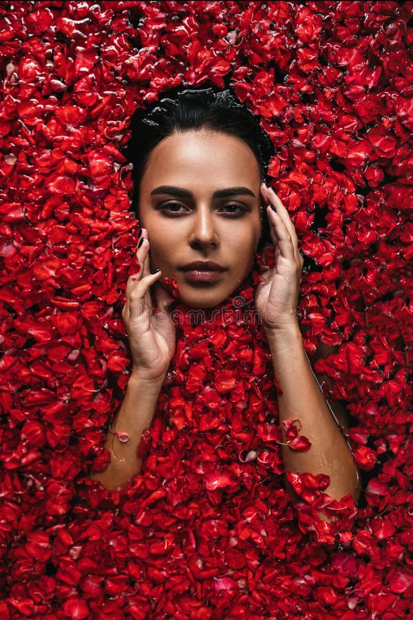 Close-up, top view, beauty portrait, face of a young woman in a bath with water and floating red rose petals and