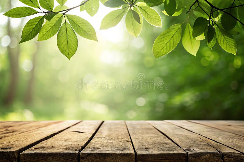 Close up top wooden table with sunny abstract green nature background, blurred bokeh stock illustration