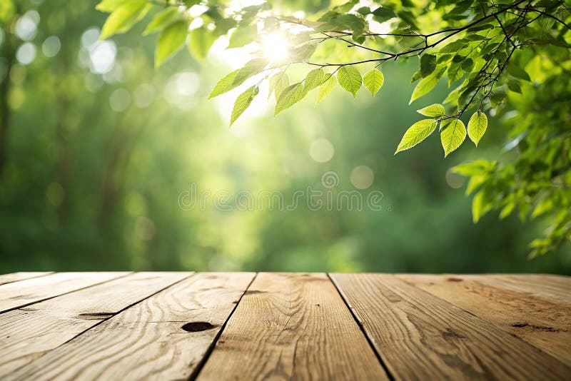 Close up top wooden table with sunny abstract green nature background, blurred bokeh stock illustration