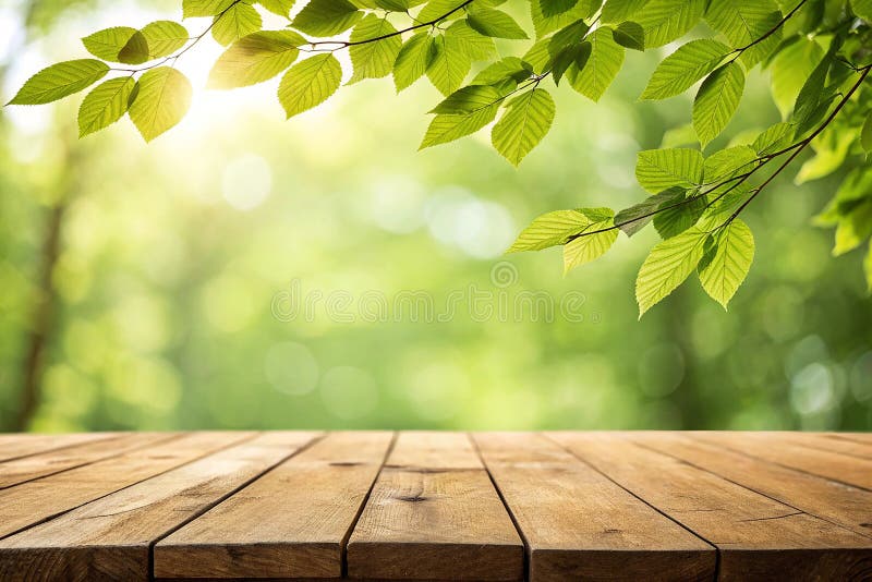 Close up top wooden table with sunny abstract green nature background, blurred bokeh vector illustration