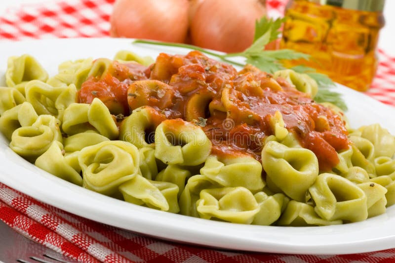 Close-up of tortellini dish.