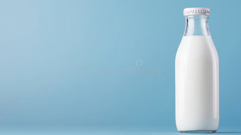 Close Up of Transparent Milk Bottle Against Blue Background royalty free illustration