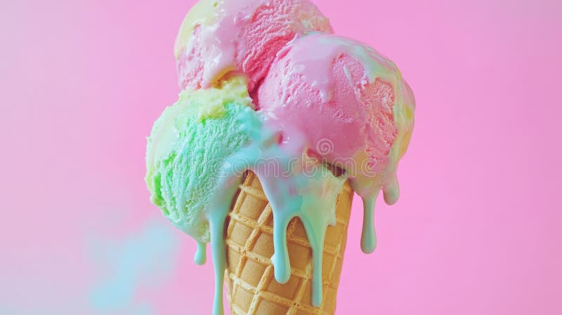 Triple scoop melting pastel ice cream cone against pink stock photography