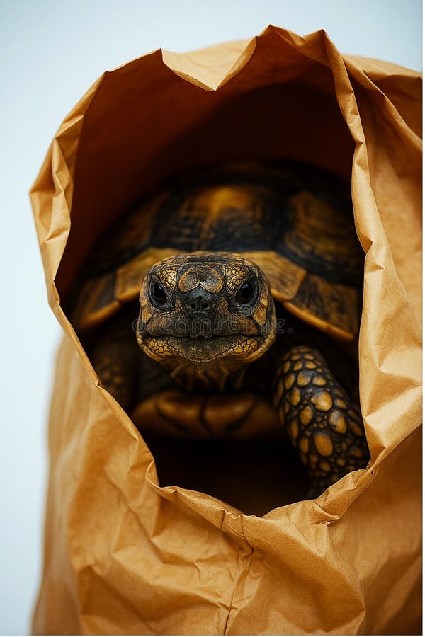 Turtle in A Bag: A Curious Turtle Peeking out From Inside A Brown Paper Bag royalty free stock photos