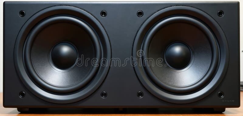 Close-up of two black computer speakers. Audio system features loudspeakers with woofer and tweeter. Acoustic stereo set for stock illustration