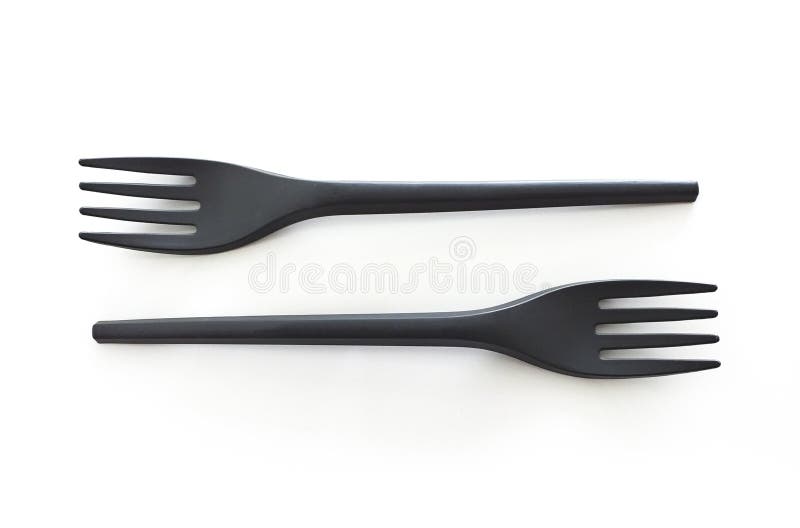 Close Up of Two Disposable Black Plastic Forks on White Background